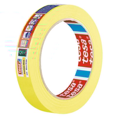 Tesa afdækningstape 4334 Precision 19 mm x 50 m i gul med Tesa logo og detaljeret information om holdbarhed og anvendelse.