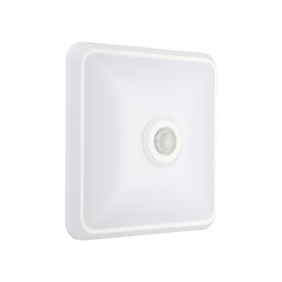 Firkantet, hvid V-TAC LED-sensorlampe på 12 W med rund PIR-sensor i midten.