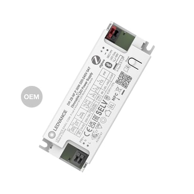 Ledvance LED-driver på 30 W med Zigbee, vist skråt med hvidt kabinet, tilslutningsklemmer og trykt mærkning.