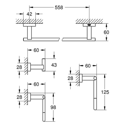 Teknisk tegning med dimensioner for Grohe Essentials Cube tilbehørssæt i krom, viser monteringsdetaljer.