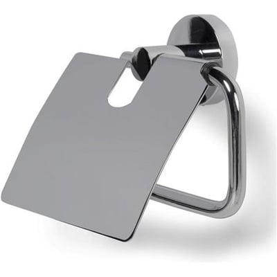 Elegant toiletrulleholder med låg i skinnende krom finish, monteret på en hvid væg. Viser holderens buede design og praktiske låg.