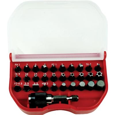 Tecos 31-dele bitssæt i rød plastboks, med forskellige bits som T/PH/PZ/LK/UNB og en magnetholder.