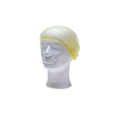 Gul mobcap i str. M med elastik, monteret på et hvidt mannequin-hoved med hvid baggrund.