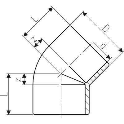 Teknisk tegning af Georg Fischer ABS vinkel 45° med muffe/muffe, viser dimensioner som D og L.