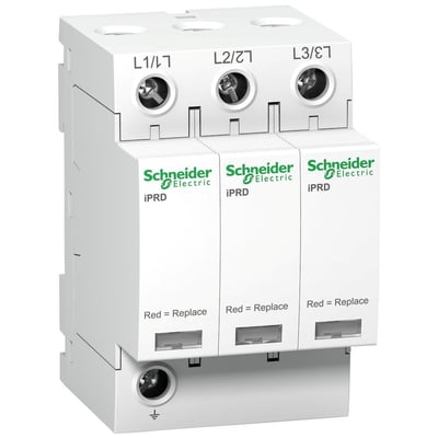 Schneider Electric overspændingsafleder iPRD65r 3P 350V med tre enheder og tydelige L1/L, L2/L og L3/L markeringer.