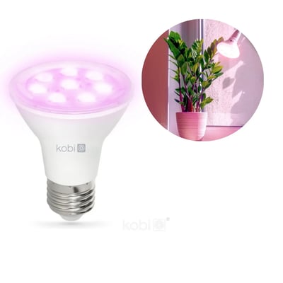 Hvid Kobi PLANTY LED-grolyspære med E27-sokkel og lilla lys til urter og potteplanter.