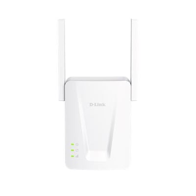 Hvid D-Link SE15/E Wi-Fi-forlænger med to antenner og grønne statuslamper, Wi-Fi 6 og AX1500.
