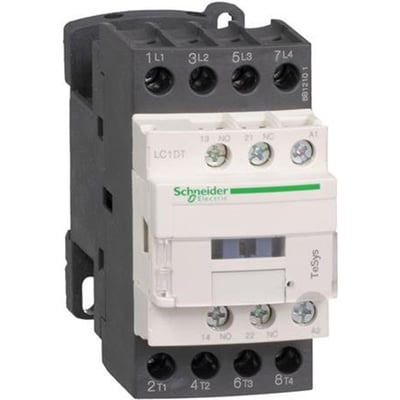 Nærbillede af Schneider Electric TeSys D kontaktor 40A, 4-polet, med 24VDC spole og synlige mærkninger for klemmer og hjælpekontakter.