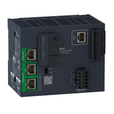 Schneider Electric M262 logisk kontroller TM262L10MESE8T med Ethernet, serieport og I/O-terminaler på hvid baggrund.