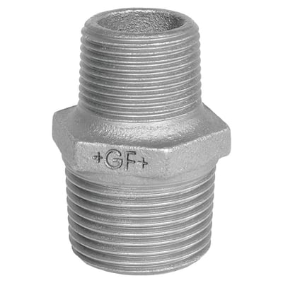 Unico galvaniseret brystnippel 1/2"-1/4", viser koniske udvendige gevind og mærket +GF+.