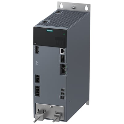 Siemens SINAMICS S210 servodrev i gråt kabinet med synlige tilslutninger og kølegitter, set skråt forfra.