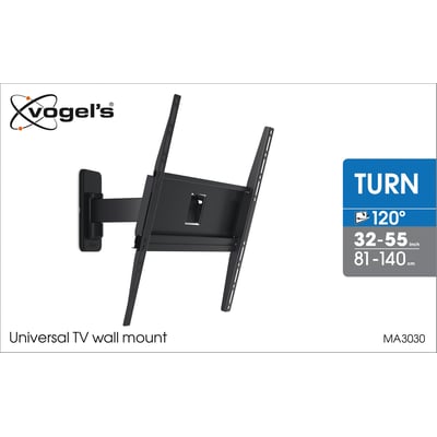 Vogels MA3030 universal vægbeslag til TV i sort, der viser dets 120° drejefunktion og egnethed til 32-55 tommer skærme.