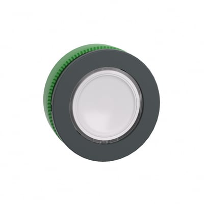 Schneider Electric Harmony XB5/ZB5 flush trykknap, hvid, med grøn bagmonteringsring, set direkte forfra på en hvid baggrund.