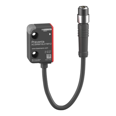 Telemecanique Sensors Preventa XCS RFID-sikkerhedskontakt, model XCSRM10L01M12, med kabel og M12-stik.