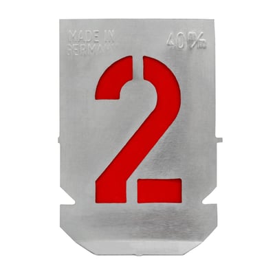 Metal stencil med tallet 2 og teksten 'MADE IN GERMANY', 40mm tegnhøjde, fremstillet af zink.