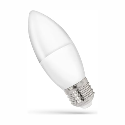SpectrumLED 8 W LED-kertepære C37 med E27-fatning og neutral kulør, vist skråt med opalhvidt pærehus.