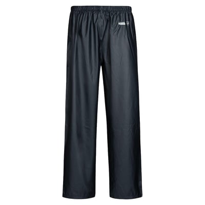 Marineblå PU-regnbuks fra Lyngsøe Rainwear, model LR-41 i størrelse S, set forfra med elastik i taljen.