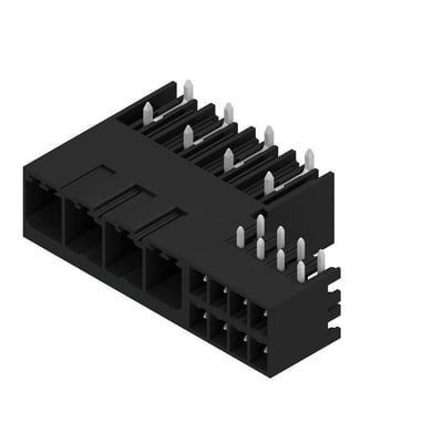 Weidmüllers sorte hybridstik til printkort med fire poler og 7,62 mm afstand, vist skråt med metalbenene synlige.