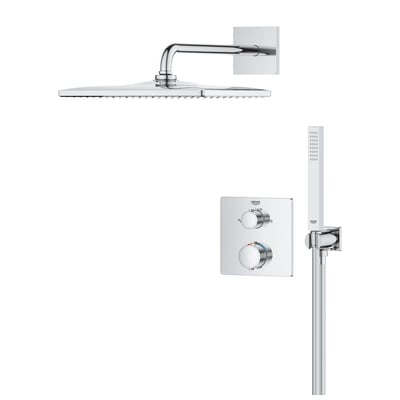 Grohe Precision termostat komplet brusersystem til indbygning i blank krom finish, med firkantet hovedbruser og stick håndbruser.