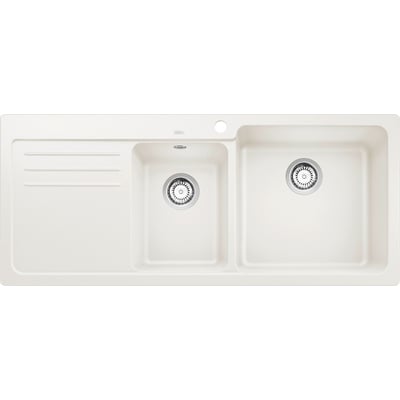 Hvid BLANCO NAYA 8S UX køkkenvask i SILGRANIT® med to kummer og afløbsbakke, set ovenfra.