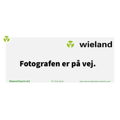 Wieland firmalogo med tekst "Fotografen er på vej." og kontaktinformationer for Wieland Electric A/S.
