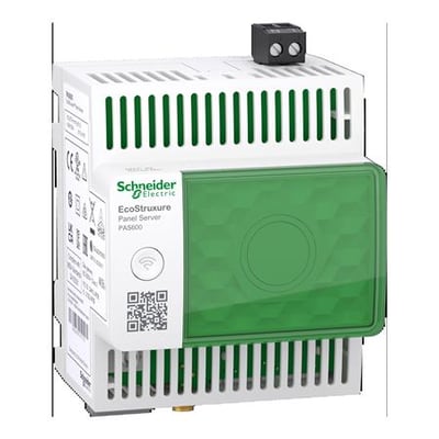 Schneider Electric EcoStruxure Panel Server PA5000, en universal trådløs Modbus gateway med grøn front og hvidt kabinet.