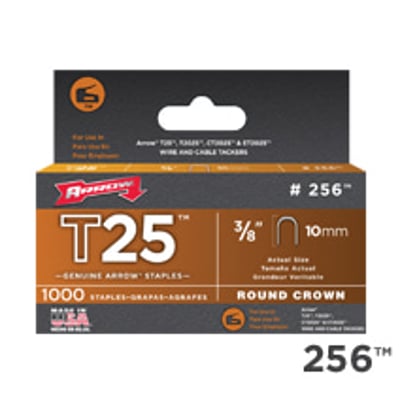 EFB Elektronik hæfteklamme T25 3/8" 10 mm, viser en pakke med 5000 stk. mærket Arrow. Kassen er mørkegrå med orange og hvide detaljer og angiver produktets anvendelse og størrelse.