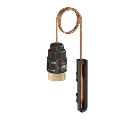 Danfoss QT føler med justeringsskala fra MIN til MAX og mærkning for 35-50 grader C, forbundet til en kobberføler i en sort beskytter.