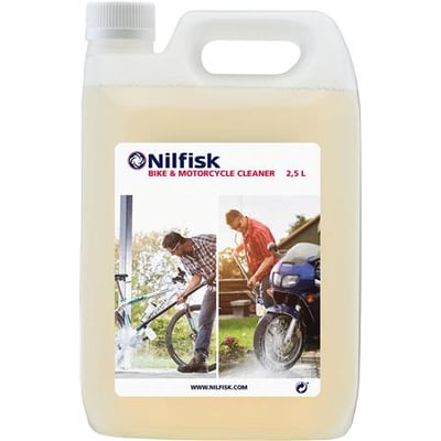 Nilfisk Bike & Motorcycle Cleaner 2,5 liter i en hvid dunk med etikette, der viser rengøring af cykel og motorcykel.