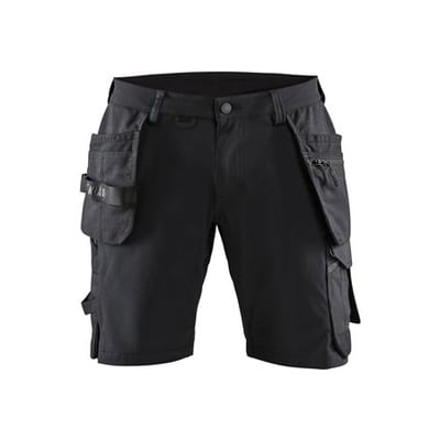 Blåkläder shorts i sort og mørkegrå med 4-vejs stretch, str. 48, vist frem med mange praktiske lommer.