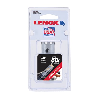 Lenox Carbide Tipped hulsav 22mm i klar plastemballage med amerikansk flag og information om 'Made in USA'.