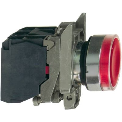 Schneider Electric XB4BW34G5 lampetryk i rødt med 120V LED, set fra siden med monteringsdetaljer.