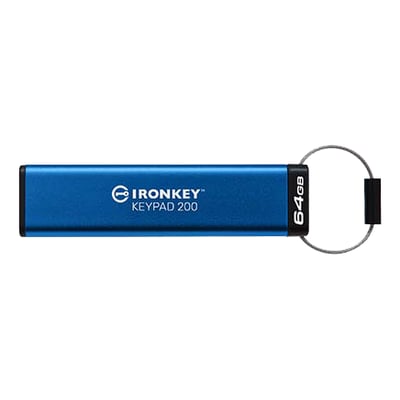 Blå Kingston IronKey Keypad 200 USB-nøgle med 64 GB og sort endestykke mærket 64GB.