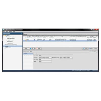 Siemens TeleControl Server Grundlæggende V3.1 software interface viser brugeradministration med projekter og brugerdetaljer som brugernavn og adgangskode.
