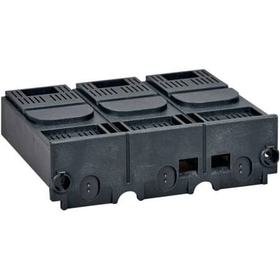 Schneider Electric klemmeafdækning, kort og 3-polet, fremstillet af sort plast, vist på mørk baggrund.