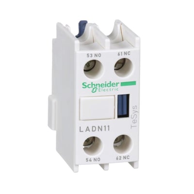 Schneider hjælpeblok LADN11 med 1 slutte og 1 bryde kontakt, hvidt hus med grøn Schneider Electric logo og synlige skrueterminaler.