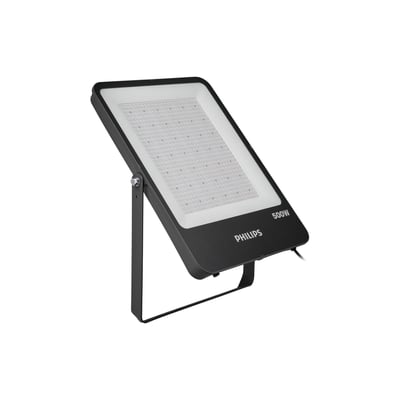 Sort Philips Ledinaire BVP166 LED-projektør med montagebøjle, set skråt forfra; asymmetrisk lysfordeling, 500 W og 60.000 lm.