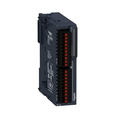 Detaljeret billede af Schneider Electric TM3-modul DI16, der viser fjederklemmerne mærket 0-15 og COM. Modulet har en 24V DC IN indikation på forsiden.