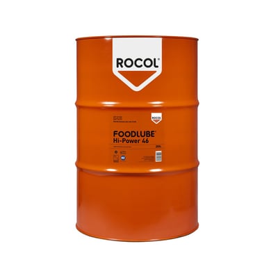 Stor orange ROCOL tønde med Foodlube Hi-Power 46 NSF-H1, 200 liters smøremiddel til fødevareindustrien.