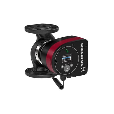Grundfos Magna3 40-60 F cirkulationspumpe, set fra siden, med støbejernspumpehus, flange til tilslutning og sort kontrolboks med TFT-display.