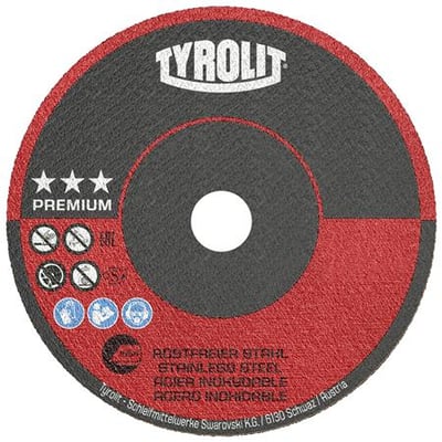 Tyrolit PREMIUM skæreskive til stål og INOX, 75x1x10mm, med tydelig visning af mærker og tekst på en grå og rød baggrund.