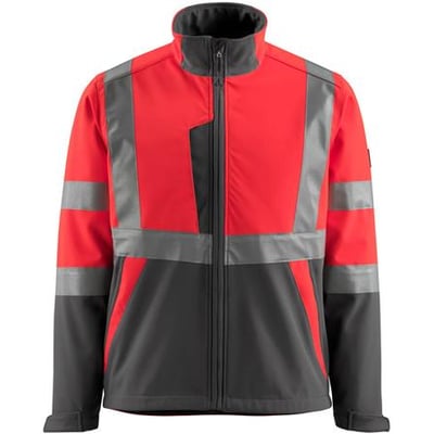 Mascot Softshell HI-VIZ jakke i rød og mørk antracit, str. S, med lodrette og vandrette reflekser samt høj krave.