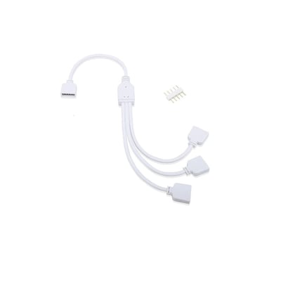 Hvid RGB+WW 3-vejs kabelsplitter til LED-belysning med ét indgangsstik og tre udgange.