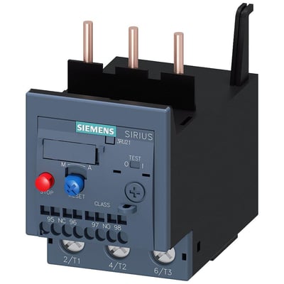 Siemens Sirius 3RU21 overbelastningsrelæ med indstillingsområde 7-10A, klasse 10, med stop- og resetknapper samt tilslutningsterminaler.
