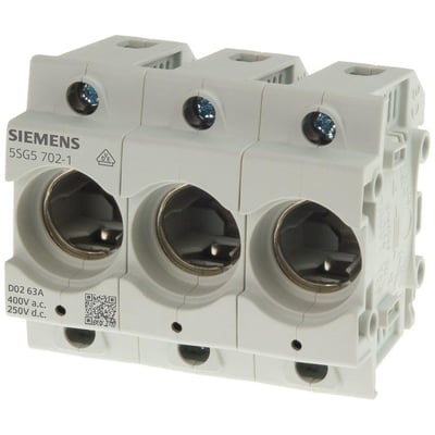 Siemens 3-polet NEOZED sikringsholder model 5SG5 702-1 i grå hærdeplast, designet til D02 sikringer på 63A og 400V a.c. / 250V d.c..