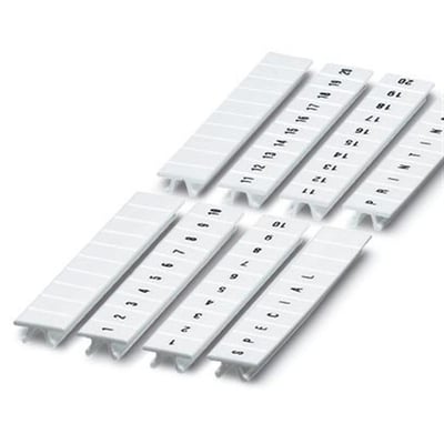 Detaljeret visning af Phoenix Contact ZB 6 mærkestrimler, der viser numrene 1-20 og 'SPECIAL' på hvide PA-strimler til elektrisk mærkning.