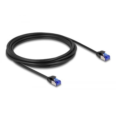 Sort, slankt Delock Cat.6A S/FTP-netværkskabel på 3 meter ligger løst med begge RJ45-stik synlige.