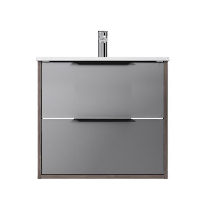 AM.PM Flash Vanty Set, 60 cm bredt i mat grå med to skuffer og integreret kromvandhane, præsenteret på hvid baggrund.