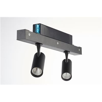 Sort Hybrid LED-spot med to cylindriske, nedadvendte spotlamper på en aflang skinne, 2 x 9 W og DALI.
