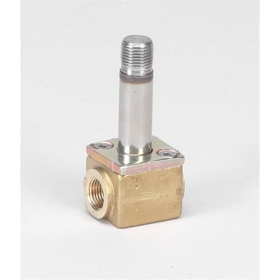 Nærbillede af Danfoss EV210A magnetventil i messing, med fokus på G ¼ tomme tilslutning og cylindrisk aktuator på hvid baggrund.